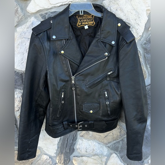Manzoor Black Leather Moto Jacket Mens 44 (LG) Biker Negan Cosplay Danny Grease - Picture 1 of 6